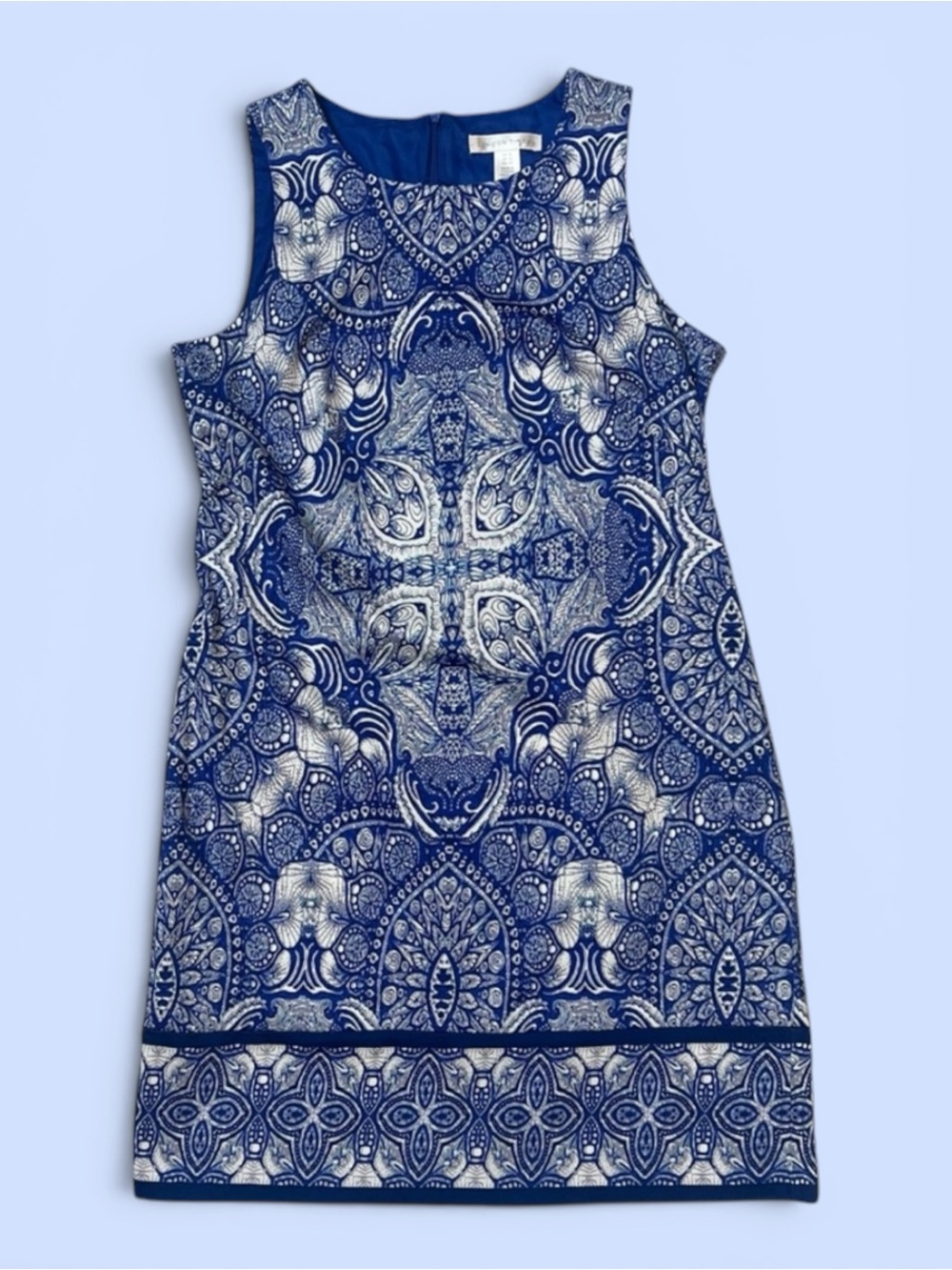 London Times Dress Sleeveless Sheath Mosaic‎ Print Sz 8 Blue & White
